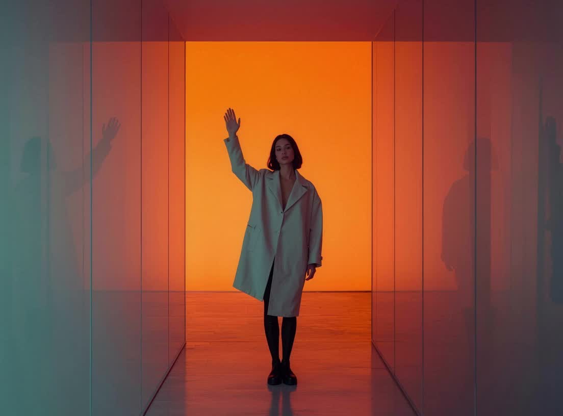 A person standing in a vast, glowing rust-orange light corridor — a visual for owning the space your data lives in.