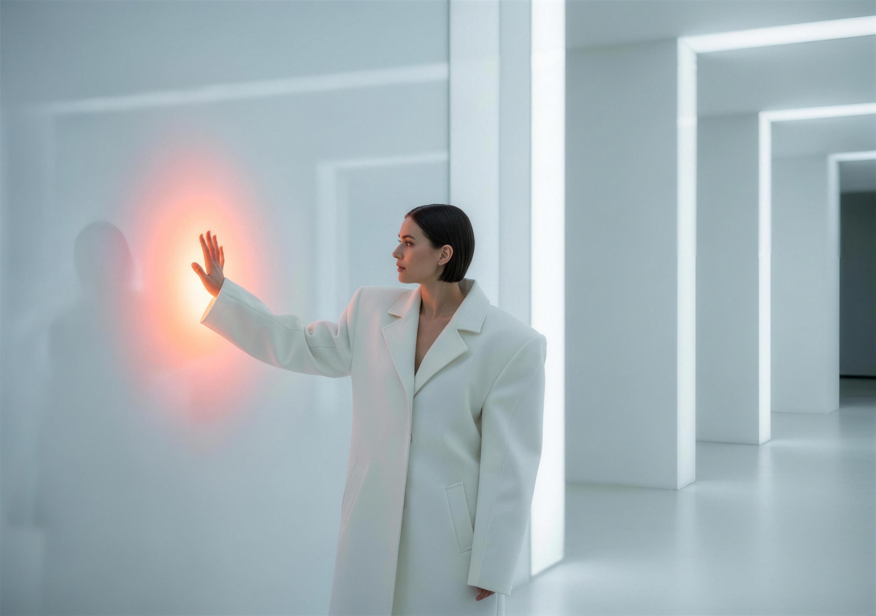 A person working at a softly glowing technical interface