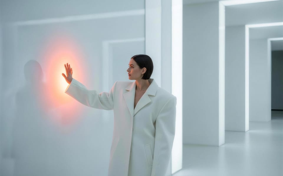 A person working at a softly glowing technical interface